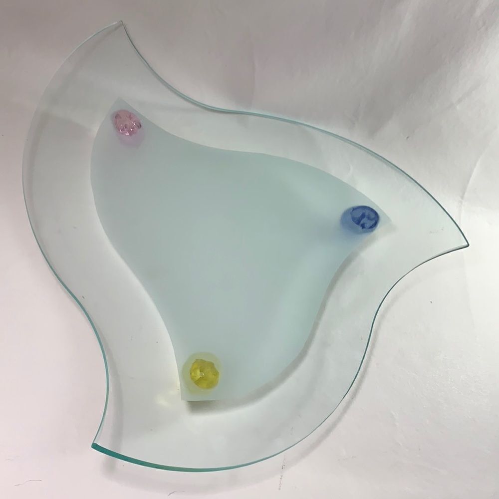 14 1/2 Inch Art Nouveau Glass 3 Footed Pink Blue Yellow Decorator Serving Tray